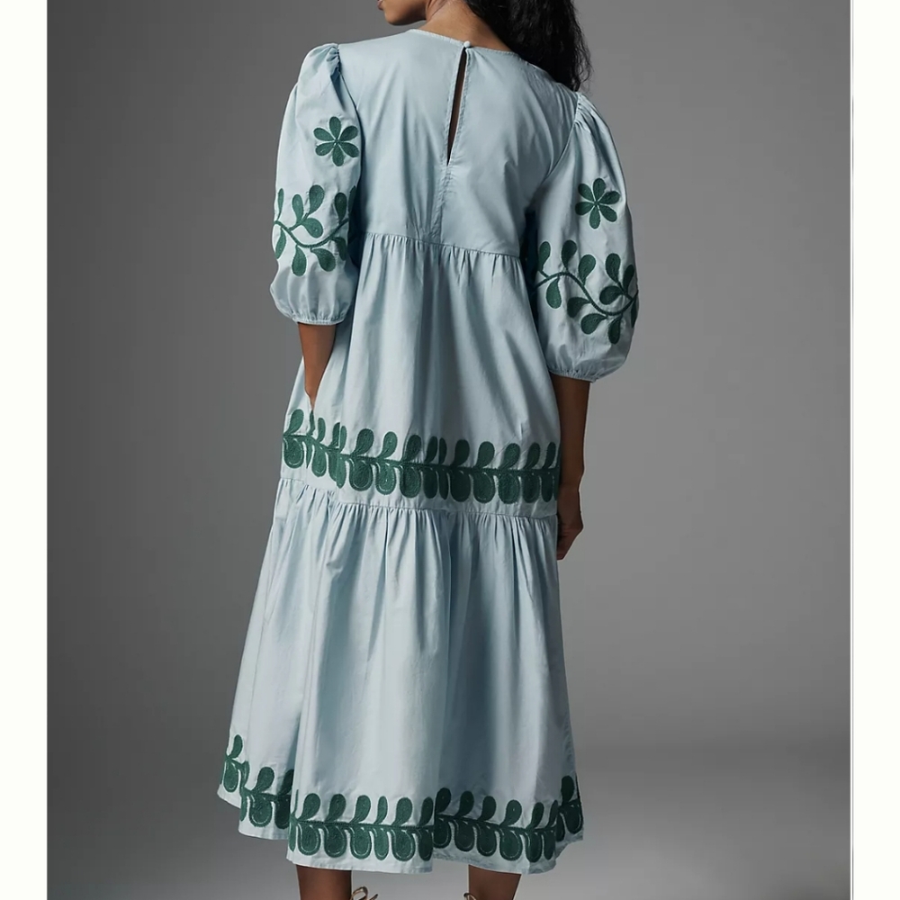 S/M Anthropologie Embroidered Puff Sleeve Midi Dress - Picture 6 of 7